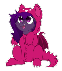 Size: 1792x2044 | Tagged: safe, artist:rokosmith26, imported from derpibooru, oc, oc only, oc:midnight purple, bat pony, pony, animal onesie, bat pony oc, cheek fluff, clothes, commission, costume, eye clipping through hair, happy, kigurumi, looking up, male, onesie, open mouth, simple background, sitting, smiling, solo, stallion, teeth, transparent background, ych result, your character here