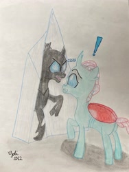 Size: 3024x4032 | Tagged: safe, artist:opti, imported from derpibooru, ocellus, changedling, changeling, atg 2022, butt, crystal, exclamation point, female, hissing, newbie artist training grounds, plot, reflection, scared, traditional art