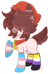 Size: 1254x1839 | Tagged: safe, artist:greeddeer, artist:loopdalamb, imported from derpibooru, oc, oc only, oc:buttercup, earth pony, pony, beanie, bell, bell collar, clothes, collar, deer tail, earth pony oc, hair over eyes, hat, nonbinary, open mouth, open smile, pride flag, raised hoof, simple background, smiling, socks, solo, striped socks, tail, transgender, transparent background