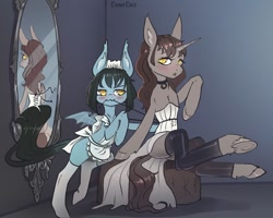 Size: 1200x960 | Tagged: safe, artist:lunarlacepony, imported from derpibooru, oc, oc only, oc:lunar lace, oc:silver bubbles, pony, undead, unicorn, vampire, vampony, :3, bat wings, clothes, corset, duo, female, femboy, maid, male, mirror, no reflection, reflection, wings