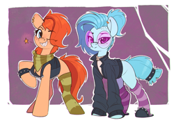 Size: 1619x1166 | Tagged: safe, artist:rexyseven, imported from derpibooru, oc, oc only, oc:rusty gears, oc:whispy slippers, earth pony, pony, alternate hairstyle, bandana, clothes, duo, ear piercing, earring, eye clipping through hair, female, freckles, glasses, jacket, jewelry, lidded eyes, looking at you, mare, one eye closed, piercing, pointing at you, punk, raised hoof, sharp teeth, slippers, socks, striped socks, teeth, wink, winking at you