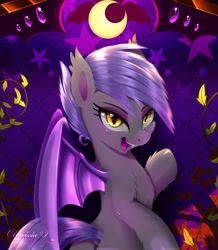 Size: 1714x1963 | Tagged: safe, artist:darksly, imported from derpibooru, oc, oc only, oc:midnight blossom, bat pony, pony, bat pony oc, bedroom eyes, body pillow, body pillow design, commission, cute, eyeshadow, fangs, female, makeup, mare, open mouth, solo