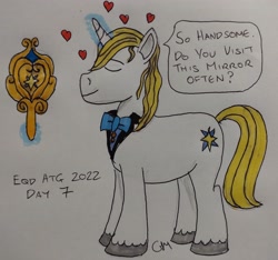 Size: 2786x2606 | Tagged: safe, artist:rapidsnap, imported from derpibooru, prince blueblood, pony, unicorn, atg 2022, eyes closed, heart, male, mirror, newbie artist training grounds, simple background, smug, solo, stallion, traditional art, white background