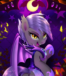 Size: 1714x1963 | Tagged: safe, alternate version, artist:darksly, imported from derpibooru, oc, oc only, oc:midnight blossom, bat pony, pony, armor, bat pony oc, bedroom eyes, body pillow, body pillow design, commission, cute, eyeshadow, fangs, female, guardsmare, hoof shoes, looking back, makeup, mare, royal guard, solo