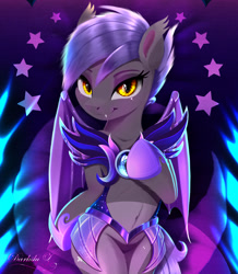 Size: 1772x2029 | Tagged: safe, alternate version, artist:darksly, imported from derpibooru, oc, oc only, oc:midnight blossom, bat pony, pony, armor, bat pony oc, bedroom eyes, belly button, body pillow, body pillow design, commission, cute, eyeshadow, fangs, female, guardsmare, hoof shoes, makeup, mare, royal guard, solo