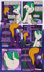 Size: 1920x3168 | Tagged: safe, artist:alexdti, imported from derpibooru, oc, oc only, oc:purple creativity, oc:star logic, pegasus, pony, unicorn, comic:quest for friendship, blushing, bowtie, clothes, comic, dialogue, dot eyes, dress, duo, ears back, eye contact, faic, glasses, high res, horn, lidded eyes, looking at each other, looking at someone, male, open mouth, open smile, outdoors, pegasus oc, raised hoof, sitting, smiling, speech bubble, stallion, two toned mane, unicorn oc, woll smoth