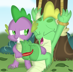 Size: 3458x3374 | Tagged: safe, artist:porygon2z, imported from derpibooru, spike, oc, oc:jade, dragon, dragoness, duo, feather, female, fetish, leaves, male, rope, tickle fetish, tickle torture, tickling, tied up