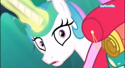 Size: 1281x701 | Tagged: safe, imported from derpibooru, screencap, princess celestia, alicorn, pony, between dark and dawn, alternate hairstyle, big eyes, cartoonito logo, close-up, closeup on the face, eyelashes, face, female, magic, magic aura, mare, moments before disaster, open mouth, ponytail