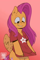 Size: 2000x3000 | Tagged: safe, artist:raph13th, imported from derpibooru, fluttershy, pegasus, pony, bipedal, brazil, clothes, female, grin, happy, mare, partido dos trabalhadores, politics, shirt, smiling, solo