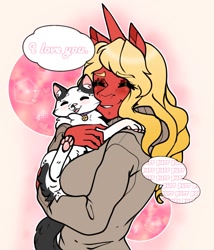 Size: 1500x1750 | Tagged: safe, artist:morgan, imported from derpibooru, oc, oc:scarlet rose, anthro, cat, unicorn, blonde, clothes, eyes closed, hug, love, pet, pet collar, purring, simple background, sweater, thought bubble