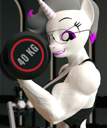 Size: 3000x3600 | Tagged: safe, artist:dashie116, imported from derpibooru, oc, oc only, oc:hazel radiate, anthro, unicorn, 3d, anthro oc, biceps, commission, commissioner:biohazard, eyebrows, eyelashes, female, fetish, glasses, gym, high res, highlights, horn, mare, muscle fetish, muscles, ponytail, purple eyes, smiling, solo, triceps, unicorn oc, vein, weight lifting, weights, ych result