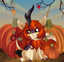 Size: 3016x2935 | Tagged: safe, artist:spookyle, imported from derpibooru, oc, oc only, oc:pumpkin patch, kirin, autumn, cute, female, kirin oc, leaves, mare, pumpkin, sitting, smiling, solo