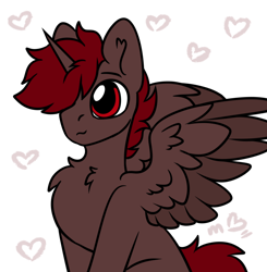 Size: 1390x1416 | Tagged: safe, artist:mariashek, imported from derpibooru, oc, oc:hardy, alicorn, pony, alicorn oc, chest fluff, heart, horn, simple background, sitting, solo, white background, wings