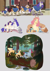 Size: 1757x2494 | Tagged: safe, artist:tofuthebunbun, imported from derpibooru, fluttershy, oc, oc:iris, oc:juniper, oc:rome beauty, oc:spring song, oc:summer winds, oc:sweet blossom, classical unicorn, earth pony, pegasus, pony, unicorn, cape, clothes, cloven hooves, colt, female, filly, fluttermom, foal, forest, leonine tail, log, magical lesbian spawn, male, manehattan, mare, mother and child, mother and daughter, mother and son, offspring, parent:applejack, parent:fluttershy, parent:rainbow dash, parent:rarity, parents:flutterdash, parents:rarijack, siblings, unshorn fetlocks, wing blanket, winghug, wings