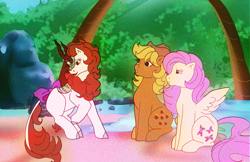 Size: 1224x792 | Tagged: safe, artist:kittyliladoptshop, imported from derpibooru, applejack, autumn blaze, fluttershy, earth pony, kirin, pegasus, pony, sounds of silence, bow, female, g1, g4, g4 to g1, generation leap, looking back, mare, scene interpretation, sitting, tail, tail bow, trio