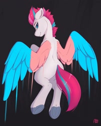 Size: 2418x3000 | Tagged: safe, artist:ailoyart, imported from derpibooru, zipp storm, pegasus, pony, colored wings, female, g5, looking at you, looking back, paint, pride, pride flag, solo, spread wings, transgender pride flag, wings