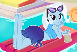 Size: 1920x1303 | Tagged: safe, artist:charliexe, artist:grapefruit-face, imported from derpibooru, trixie, equestria girls, equestria girls series, forgotten friendship, ass, ball, bare shoulders, barefoot, beach, beach ball, bikini, butt, clothes, cute, diatrixes, feet, female, floaty, food, looking at you, skirt, sleeveless, solo, summer sunset, swimming pool, swimsuit, the pose, water