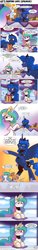 Size: 1200x7952 | Tagged: safe, artist:saturdaymorningproj, imported from derpibooru, princess celestia, princess luna, alicorn, pony, comic:let's fighting love, banana, celestia is not amused, comic, dialogue, food, fork, harem, herbivore, hoof shoes, horn, implied polyamory, knife, magic, pancakes, pineapple, speech bubble, strawberry, telekinesis, unamused