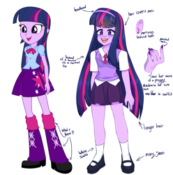 Size: 3239x3265 | Tagged: safe, alternate version, artist:diameltzowo, imported from derpibooru, twilight sparkle, equestria girls, clothes, ear piercing, earring, headband, jewelry, mary janes, necktie, painted nails, piercing, redesign, shoes, simple background, skirt, socks, sweater vest, white background