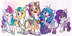 Size: 1280x641 | Tagged: safe, artist:malinraf1615, imported from derpibooru, hitch trailblazer, izzy moonbow, pipp petals, sunny starscout, zipp storm, earth pony, pegasus, pony, unicorn, bag, belt, chest fluff, ear fluff, female, fluffy, freckles, g5, grin, jewelry, leg fluff, leonine tail, male, mane five (g5), mare, markings, necklace, open mouth, redesign, siblings, sisters, smiling, stallion, tail, unshorn fetlocks