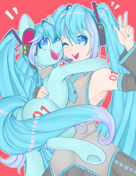 Size: 2975x3850 | Tagged: safe, artist:cartel_evision, artist:cartelevision, imported from derpibooru, earth pony, human, pony, anime, butt, clothes, female, hatsune miku, holding a pony, human ponidox, mare, one eye closed, open mouth, open smile, peace sign, plot, ponified, self paradox, self ponidox, skirt, smiling, underhoof, vocaloid, wink