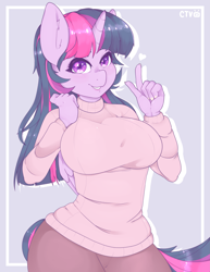 Size: 2975x3850 | Tagged: safe, artist:cartel_evision, artist:cartelevision, imported from derpibooru, twilight sparkle, alicorn, anthro, adorasexy, big breasts, breasts, busty twilight sparkle, clothes, cute, ear fluff, female, heart, looking at you, sexy, smiling, solo, sweater, twiabetes, twilight sparkle (alicorn), wide hips