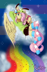 Size: 1200x1855 | Tagged: safe, artist:punk-pegasus, imported from derpibooru, fluttershy, pegasus, semi-anthro, antonymph, bracelet, clothes, ear piercing, earring, female, fluttgirshy, food, gir, hairclip, headphones, hoodie, invader zim, jewelry, nintendo ds, pansexual pride flag, piercing, pocky, pride, pride flag, rainbow, socks, solo, stockings, striped socks, thigh highs, transgender pride flag, waffle, wings