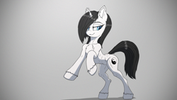 Size: 2133x1200 | Tagged: safe, artist:coreboot, imported from derpibooru, oc, oc:clio blackmane, pony, unicorn, bipedal, chest fluff, female, hooves, horn, rearing, simple background, solo, tail