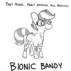 Size: 2250x2250 | Tagged: safe, artist:tjpones, imported from derpibooru, oc, oc only, oc:bandy cyoot, hybrid, pony, raccoon, raccoon pony, robot, robot pony, black and white, female, grayscale, mare, monochrome, simple background, smiling, solo, text, white background