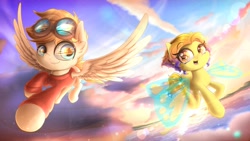 Size: 2000x1124 | Tagged: safe, artist:phoenixrk49, imported from derpibooru, oc, oc only, oc:moth, pegasus, pony, butterfly wings, clothes, cloud, duo, ear fluff, eye clipping through hair, eye reflection, flying, goggles, looking at each other, looking at someone, open mouth, reflection, sky, wings