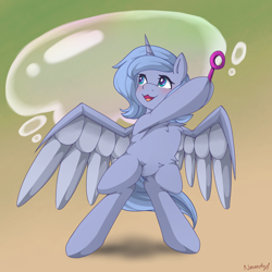 Size: 2048x2048 | Tagged: safe, artist:nanazdina, imported from derpibooru, princess luna, alicorn, pony, bipedal, bubble, bubble wand, commission, cute, daaaaaaaaaaaw, female, filly, foal, happy, ibispaint x, lunabetes, open mouth, open smile, smiling, solo, woona, ych example, ych result, younger