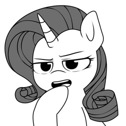 Size: 797x797 | Tagged: safe, artist:makaryo, imported from derpibooru, rarity, pony, unicorn, bust, female, furrowed brow, grayscale, hoof on chin, mare, monochrome, simple background, solo, white background