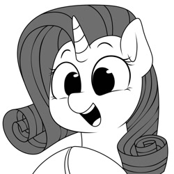 Size: 1080x1080 | Tagged: safe, artist:makaryo, imported from derpibooru, rarity, pony, unicorn, bust, female, grayscale, happy, hooves together, mare, monochrome, open mouth, open smile, simple background, smiling, solo, white background