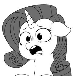 Size: 1080x1080 | Tagged: safe, artist:makaryo, imported from derpibooru, rarity, pony, unicorn, bust, female, floppy ears, frown, grayscale, mare, monochrome, open mouth, shocked, simple background, solo, white background