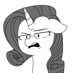 Size: 1080x1080 | Tagged: safe, artist:makaryo, imported from derpibooru, rarity, pony, unicorn, bust, disgusted, female, floppy ears, frown, grayscale, mare, monochrome, narrowed eyes, open mouth, simple background, solo, white background