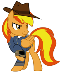 Size: 7231x8649 | Tagged: safe, artist:ponygamer2020, imported from derpibooru, oc, oc only, oc:firey ratchet, pegasus, pony, derpibooru community collaboration, fallout equestria, 2023 community collab, absurd resolution, clothes, cutie mark, fallout, hat, jumpsuit, male, pipboy, ponytail, simple background, smiling, solo, stallion, tail, transparent background, vault suit, vector, wings