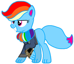 Size: 1210x1045 | Tagged: safe, artist:ponygamer2020, imported from derpibooru, oc, oc only, oc:rainbow eevee, eevee, fallout equestria, absurd resolution, blue body, bracelet, chest fluff, clothes, cute, daaaaaaaaaaaw, eevee pony, fallout, female, horn, jewelry, jumpsuit, looking down, multicolored hair, pink eyes, pipboy, pokémon, rainbow, rainbow hair, simple background, smiling, solo, tail, transparent background, vault suit, vector