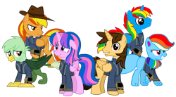 Size: 5459x3008 | Tagged: safe, artist:ponygamer2020, imported from derpibooru, oc, oc only, oc:ej, oc:firey ratchet, oc:gregory griffin, oc:hsu amity, oc:rainbow eevee, oc:shield wing, alicorn, eevee, griffon, pegasus, pony, amityverse, fallout equestria, all bottled up, :t, absurd resolution, alicorn oc, blue body, bracelet, chest fluff, clothes, cute, cutie mark, daaaaaaaaaaaw, eevee pony, fallout, female, floppy ears, folded wings, full body, glasses, griffon oc, group, happy, hat, horn, jewelry, jumpsuit, looking at you, looking down, male, mare, multicolored hair, multicolored mane, multicolored tail, not twilight sparkle, pink eyes, pipboy, pokémon, ponytail, purple eyes, rainbow, rainbow hair, show accurate, simple background, smiling, smiling at you, solo, stallion, standing, tail, transparent background, vault suit, vector, wings