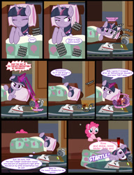Size: 1042x1358 | Tagged: safe, artist:dendoctor, imported from derpibooru, mean twilight sparkle, pinkie pie, twilight sparkle, alicorn, earth pony, pony, comic:clone.., alarm clock, alternate universe, blanket, blast, book, clock, clone, comic, couch, female, g4, glowing, glowing horn, horn, magic, magic beam, magic blast, pillow, pinkie clone, sleeping, table, twilight sparkle (alicorn), waking up