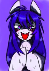 Size: 618x900 | Tagged: safe, artist:stacy_165cut, imported from derpibooru, pony, female, heart, heart eyes, looking at you, mare, open mouth, open smile, purple background, simple background, smiling, smiling at you, solo, sweat, wingding eyes