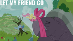 Size: 1280x720 | Tagged: safe, edit, edited screencap, editor:quoterific, imported from derpibooru, screencap, fluttershy, pegasus, pony, tortoise, between dark and dawn, season 9, duo, eyes closed, female, flying, giant tortoise, male, mare, open mouth, spread wings, text, wings, yelling