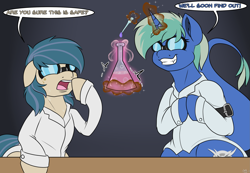 Size: 2315x1600 | Tagged: safe, artist:novaspark, imported from derpibooru, oc, oc only, oc:data stream, oc:nova spark, monster pony, original species, tatzlpony, clothes, goggles, grin, lab coat, potion, science, smiling, this will end in science