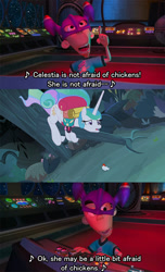 Size: 532x873 | Tagged: safe, imported from derpibooru, princess celestia, alicorn, bird, chicken, human, pony, between dark and dawn, alektorophobia, jimmy neutron: boy genius, sheen estévez