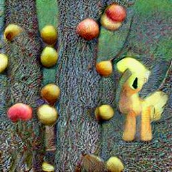 Size: 256x256 | Tagged: safe, imported from derpibooru, applejack, ai content, ai generated, applejack mid tree-buck with 3 apples falling down, generator:craiyon
