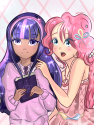 Size: 1536x2048 | Tagged: safe, artist:namieart, imported from derpibooru, pinkie pie, twilight sparkle, human, book, duo, female, humanized, lesbian, open mouth, shipping, twinkie