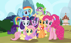 Size: 1024x630 | Tagged: safe, artist:velveagicsentryyt, imported from derpibooru, applejack, fluttershy, pinkie pie, rainbow dash, rarity, spike, twilight sparkle, alicorn, earth pony, pegasus, pony, unicorn, alternate design, apron, clothes, crown, deviantart watermark, female, gigachad spike, jewelry, lying down, male, mane seven, mane six, mare, obtrusive watermark, older, older spike, ponyville town hall, prone, regalia, sweater, twilight sparkle (alicorn), watermark