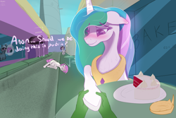 Size: 3000x2000 | Tagged: safe, artist:enonnnymous, imported from derpibooru, princess celestia, oc, oc:anon, alicorn, earth pony, human, pony, unicorn, series:anon loves celestia, /sun/, blushing, cake, camera, canterlot, dialogue, ear blush, fainted, female, floppy ears, food, hand, holding hooves, hoof hold, magic, mare, peytral, public, smiling, table, telekinesis