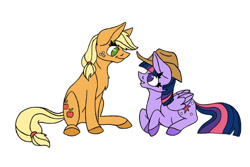 Size: 1080x720 | Tagged: safe, artist:rebepony, imported from derpibooru, applejack, twilight sparkle, alicorn, earth pony, pony, accessory swap, applejack's hat, cowboy hat, duo, female, hat, lesbian, looking at each other, looking at someone, no pupils, shipping, simple background, twijack, twilight sparkle (alicorn), white background