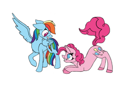 Size: 1080x720 | Tagged: safe, artist:rebepony, imported from derpibooru, pinkie pie, rainbow dash, earth pony, pegasus, pony, duo, face down ass up, female, lesbian, no pupils, one wing out, pinkiedash, shipping, simple background, smiling, white background, wings