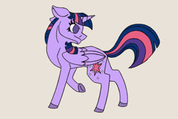 Size: 1024x683 | Tagged: safe, artist:rebepony, imported from derpibooru, twilight sparkle, alicorn, pony, floppy ears, looking back, no pupils, simple background, solo, tan background, twilight sparkle (alicorn)